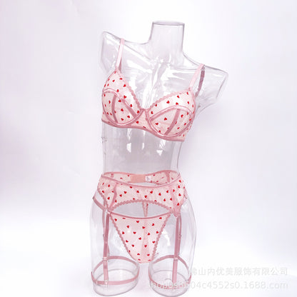 Pink Velvet Heart Mesh Lingerie Set