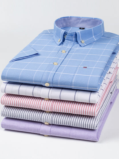 Men's 100% Cotton Plaid Short Sleeve Shirt Oxford Casual Square Collar