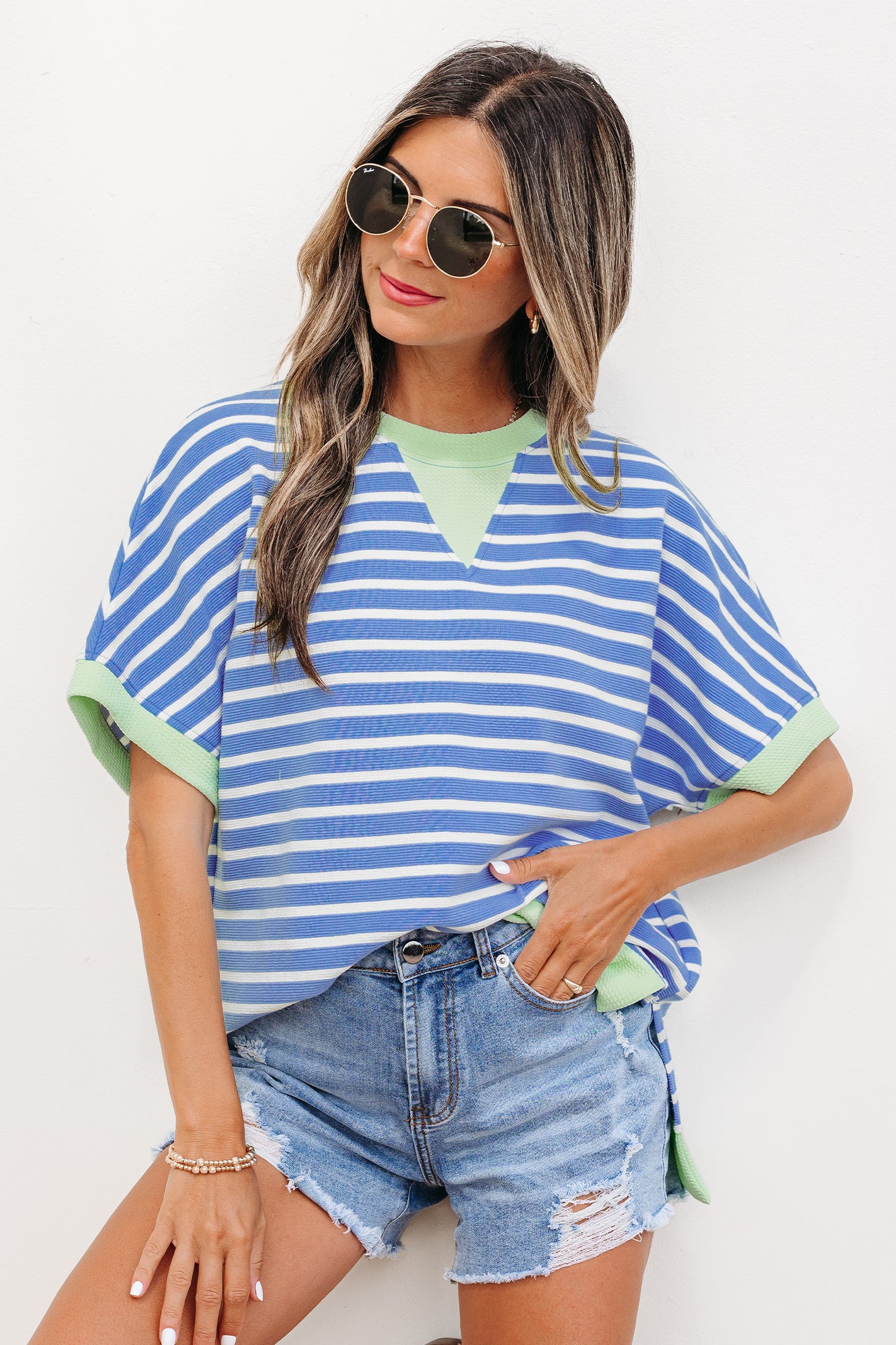 Gestreepte top met contrasterende bies losse korte mouwen en shorts