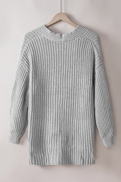 Gray Buttoned Front Drop Shoulder Knitted Cardigan