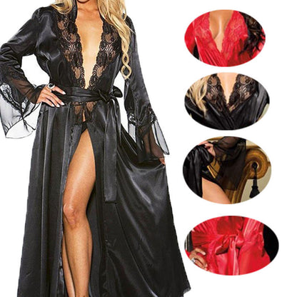 Womens Lace See Through Lingerie Mesh Robe Set