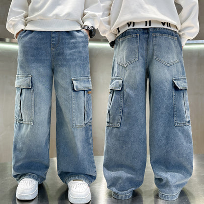 Losse denim cargo broek voor jongens