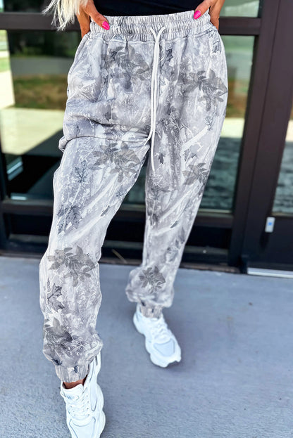 Grijze joggingbroek met camouflageprint elastische taille en trekkoord