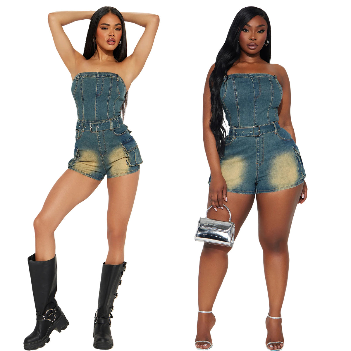 Strapless denim jumpsuit met zakken en ceintuur