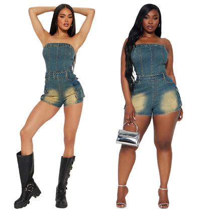 Strapless denim jumpsuit met zakken en ceintuur