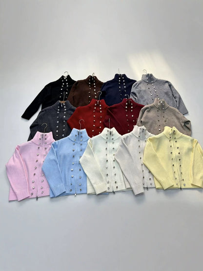 button-decorated knitted zipper cardigan sweater coat
