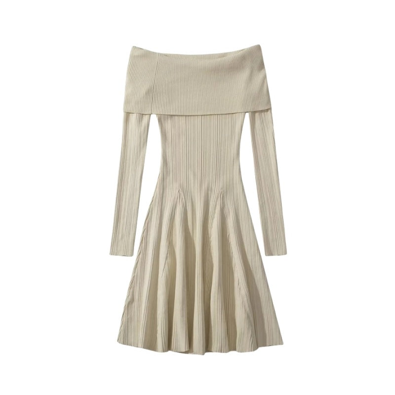 Sexy Off-Shoulder Long Sleeve Knitted Dress Women Pleated Slim Fit Short Skirt