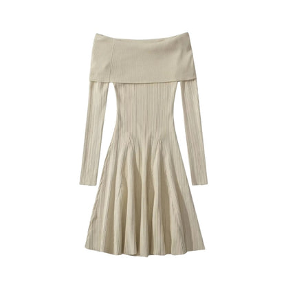 Sexy Off-Shoulder Long Sleeve Knitted Dress Women Pleated Slim Fit Short Skirt