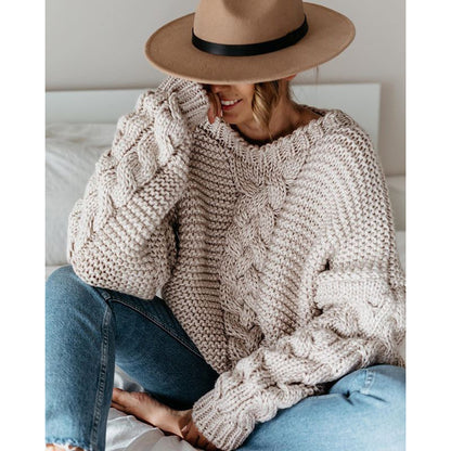 Women's Solid Color Round Neck Cable Knit Batwing Sleeve Loose Casual Pullover Sweater