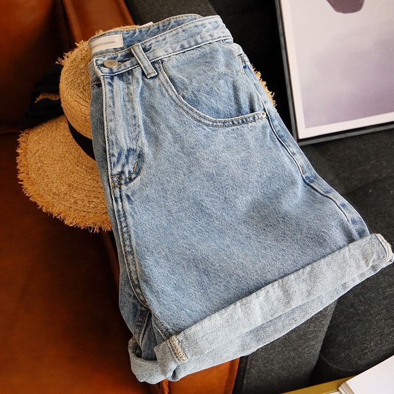Women's Denim Shorts High-Waisted Trendy Wide-Leg A-Line Slimming Rolled-Up Hot Pants