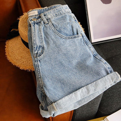 Women's Denim Shorts High-Waisted Trendy Wide-Leg A-Line Slimming Rolled-Up Hot Pants