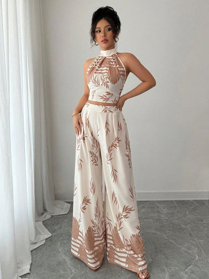 Womens Halter Neck Tank Top and Wide-Leg Pants Set