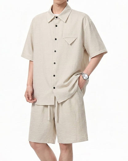 Imitation Linen Casual Suit for Men Summer Thin Drapey Short-Sleeve Shirt and Shorts Two-Piece Set