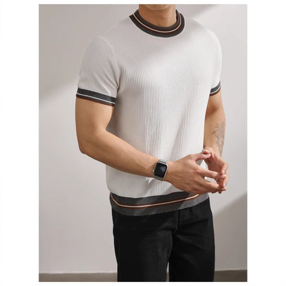 Men's Striped Ice Silk Knit Polo Shirt Short Sleeve Slim Fit Summer Top