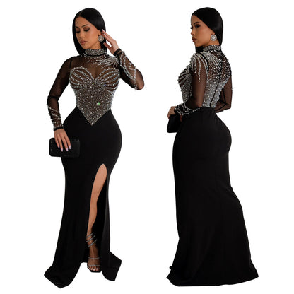 Rhinestone High Slit Mesh Evening Dress