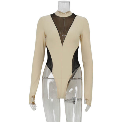 Sleeve Mesh Stitching Slim-Fit Elegant Top Tight High Waist Women's All-in-one