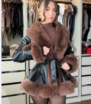 Women's Faux Rabbit Fur Waist Cinching Coat