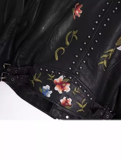 Embroidered Rivet Detail Leather Jacket