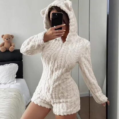 Womens Casual Plush Hooded Jumpsuit