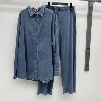 Women's Denim Polo Collar Casual Set