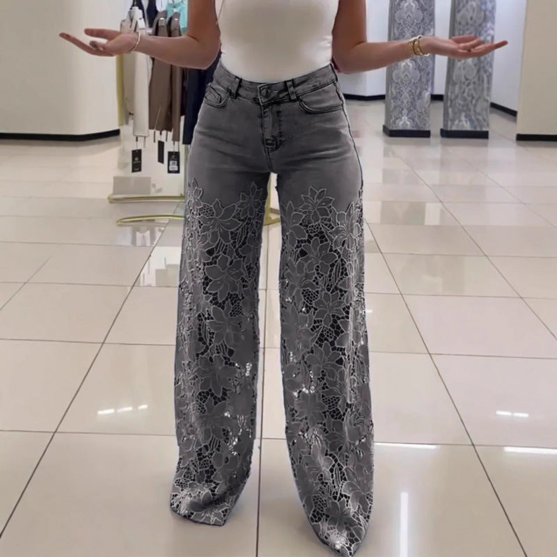 Damesbroek met hoge taille wijde pijpen en kantdetails