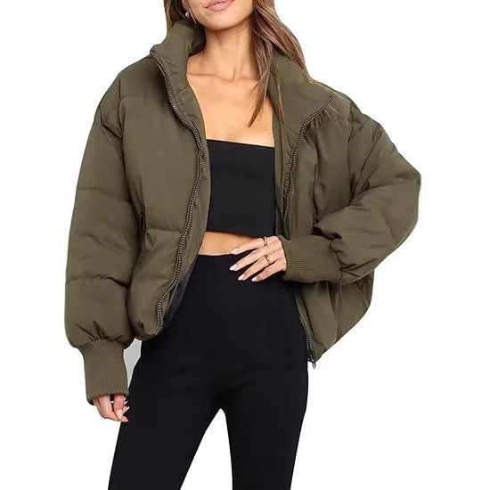 Womens Short Puffer Cotton Jacket Loose Fit Solid Color