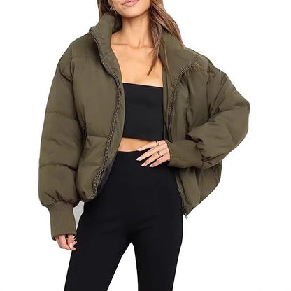 Womens Short Puffer Cotton Jacket Loose Fit Solid Color