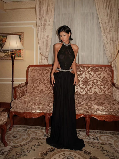 Rhinestone Halter Neck Backless Long Dress