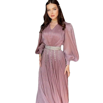 Europese Modieus V-hals geplooide tule avondjurk met lange mouwen en grote zoom