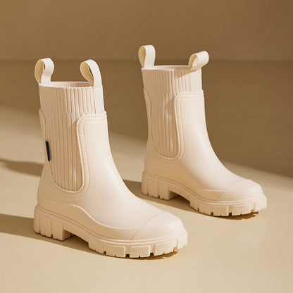 Women's Mid-Calf Waterproof PVC Non-Slip Rain Boots with Elastic Top