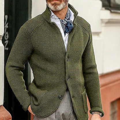 Mens Thick Knit Cardigan Sweater with Buttoned Lapel