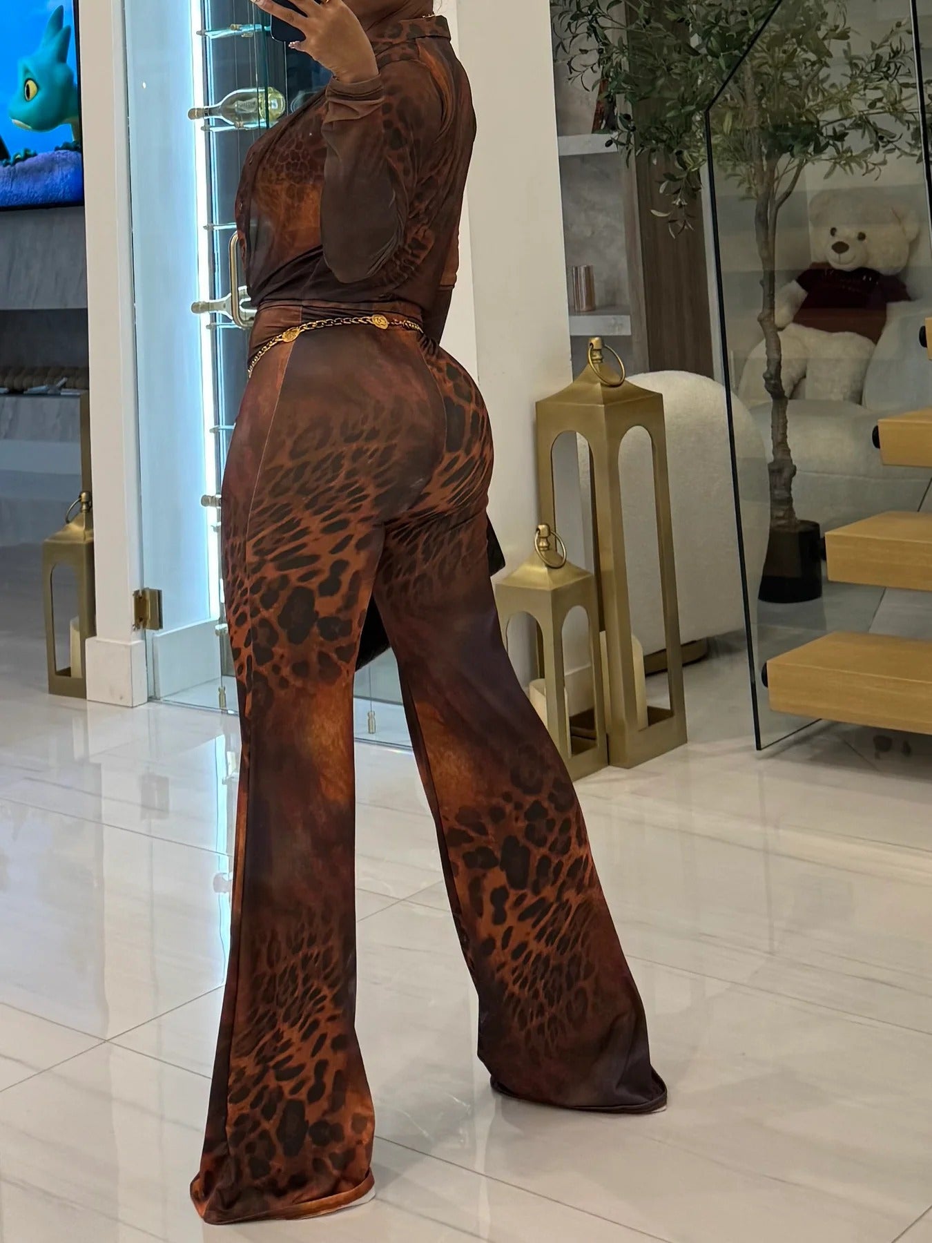 Womens Printed Mesh Cardigan Flared Pants Set