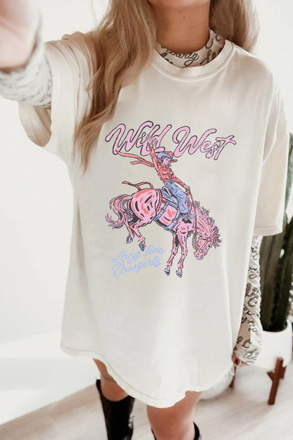 Witte Oversized Wild West Cowgirl Rodeo T-shirt met Grafische Print
