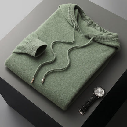 Mens Hooded Cashmere Blend Sweater Solid Color Long Sleeve Knit Pullover