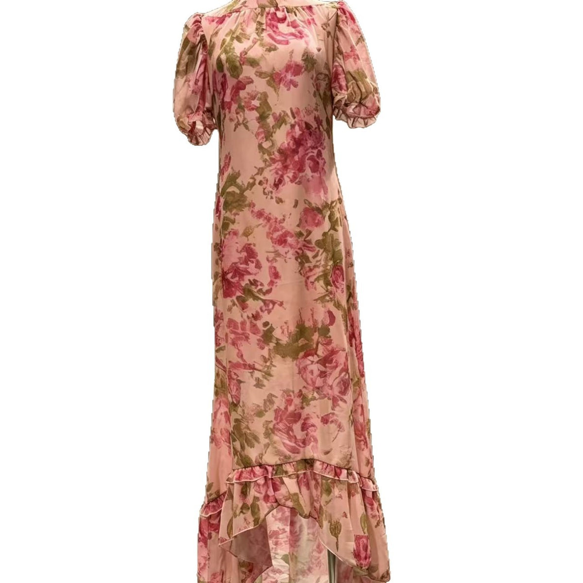 French Floral Puff Sleeve Slim Fit Long Dress
