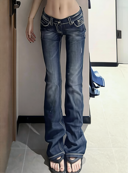 Rhinestone Embroidered Low-Rise Women's Jeans