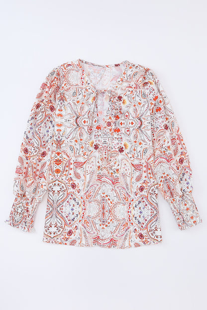 Fiery Red Vintage Boho Print Shirred Cuffs Blouse