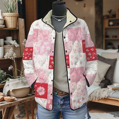Women's Pleated Floral Digital Print Cotton Jacket Long Sleeve Stand Collar Outerwear