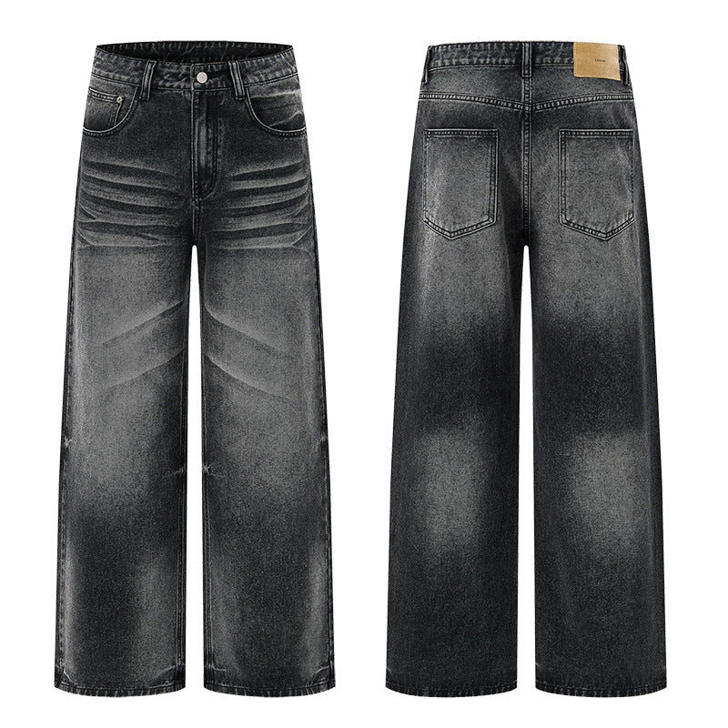 Mens Washed Loose Straight Leg Jeans
