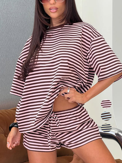 Striped Short Sleeve Top and Drawstring Shorts Set