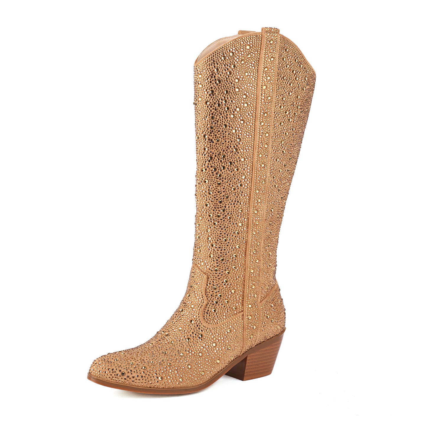 Rhinestone Chunky Heel Denim Boots