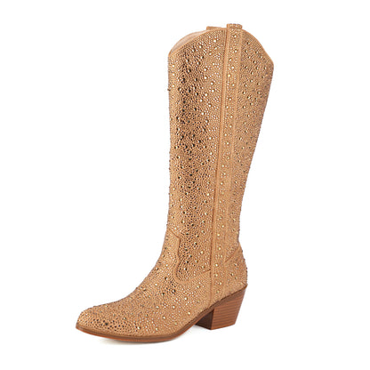 Rhinestone Chunky Heel Denim Boots