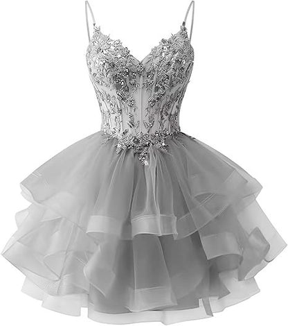 Spaghetti Strap Beaded Sequined Puffy Evening Dress