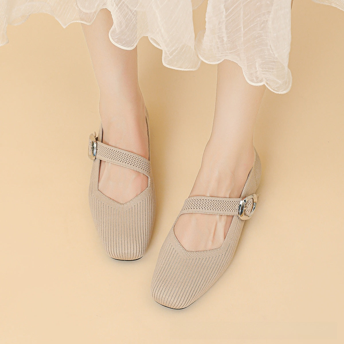 Mary Jane Flat Shoes Square Toe Buckle Strap