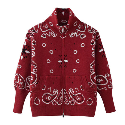 Loose Tricolor Zipper Long Sleeve Cardigan Sweater Jacket