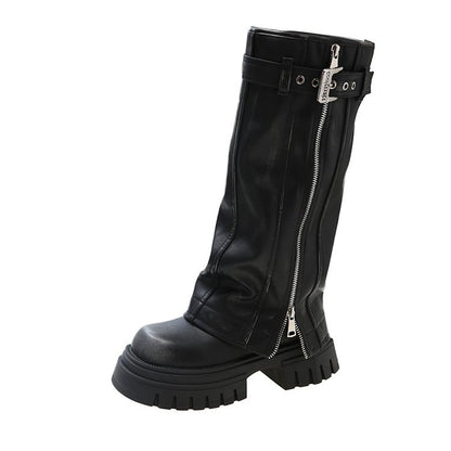 Women's Knee High Retro Cowboy Boots Chunky Heel Square Toe
