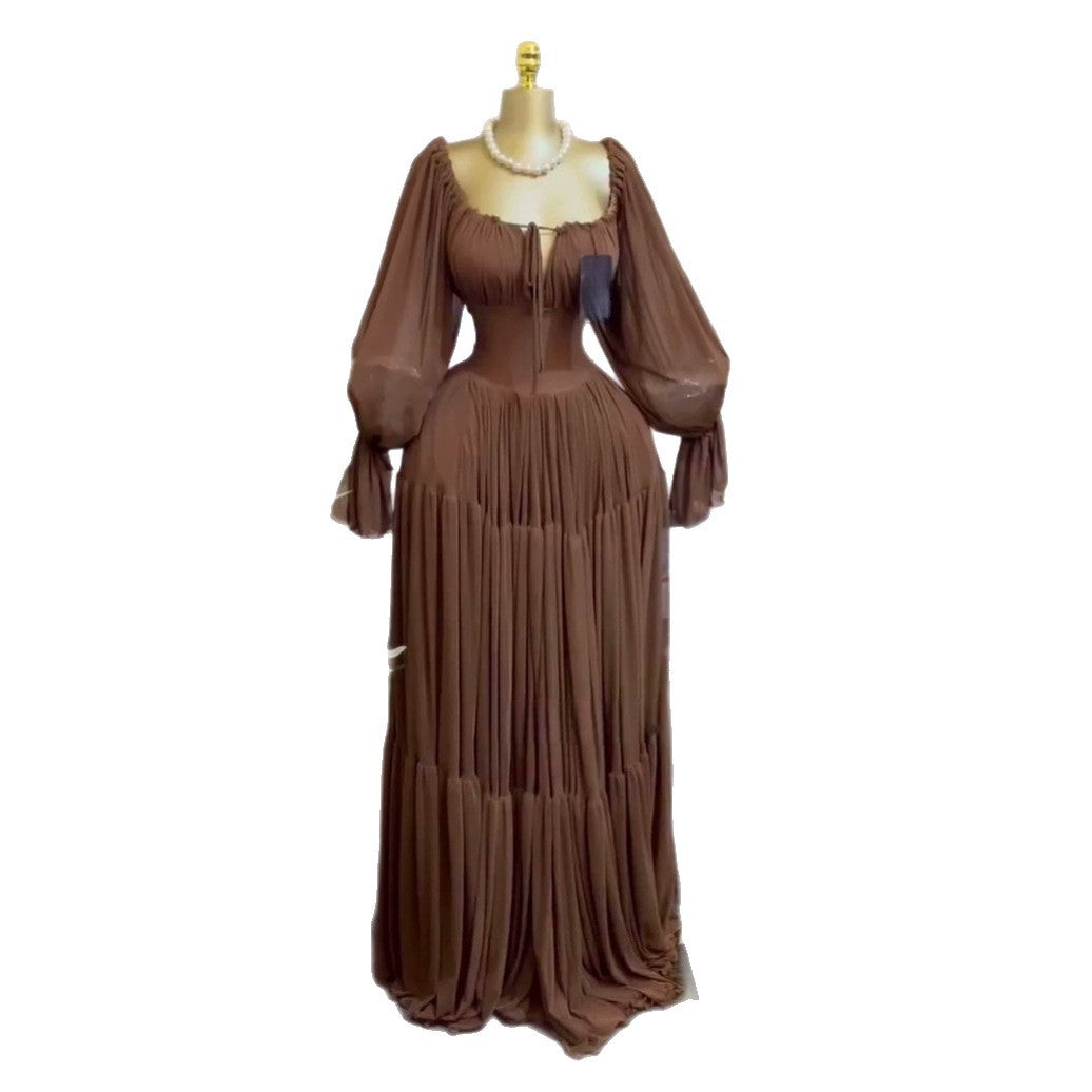 elegant lantern sleeve tie slim-fit pleated long dress