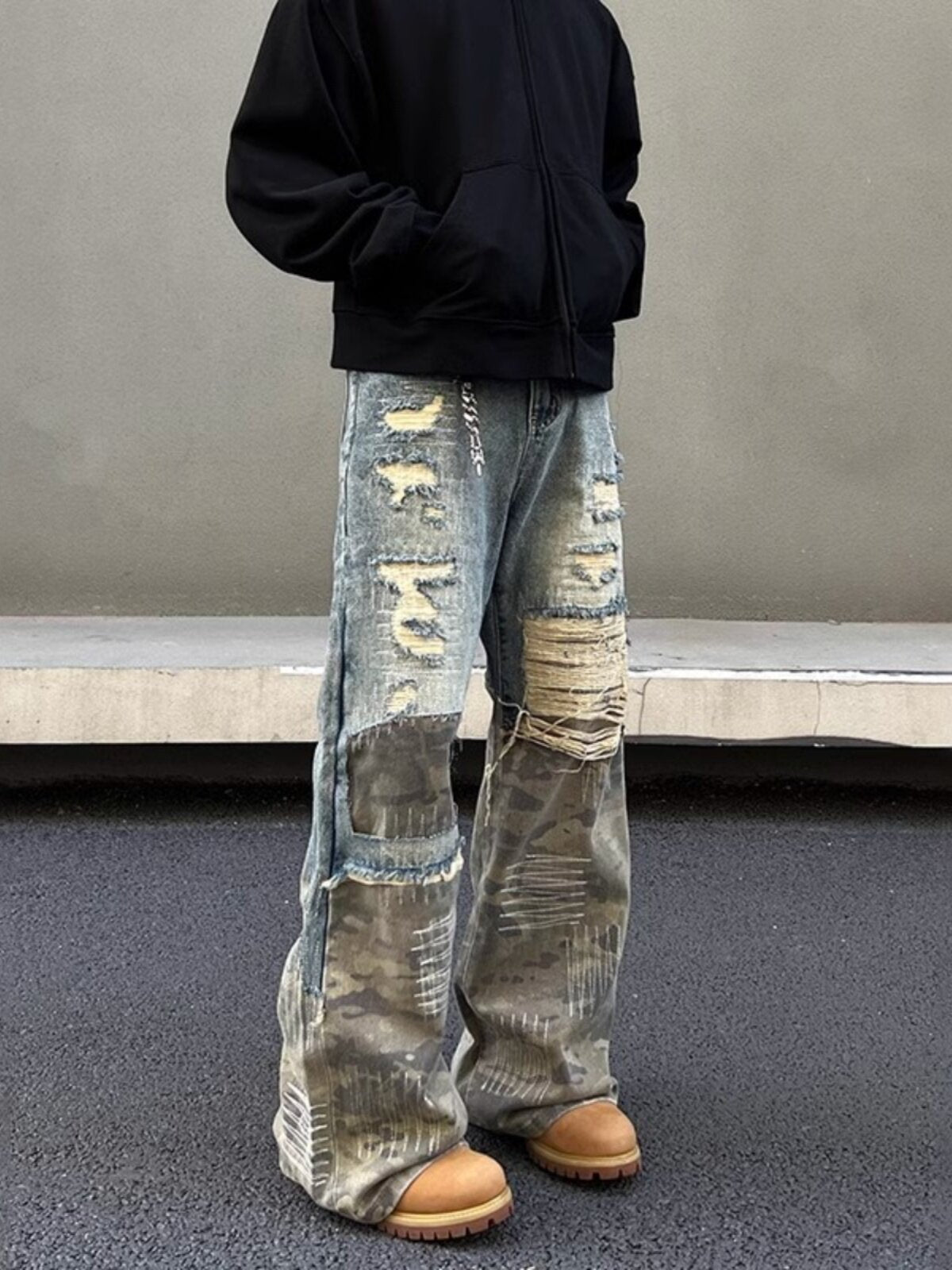 Vintage Camouflage Stitching Ripped Heavy Jeans