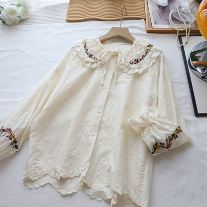Embroidered Doll Collar Long Sleeve Blouse