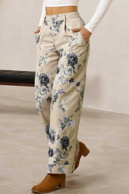 Beige retro jeans met bloemenprint en omgeslagen pijpen